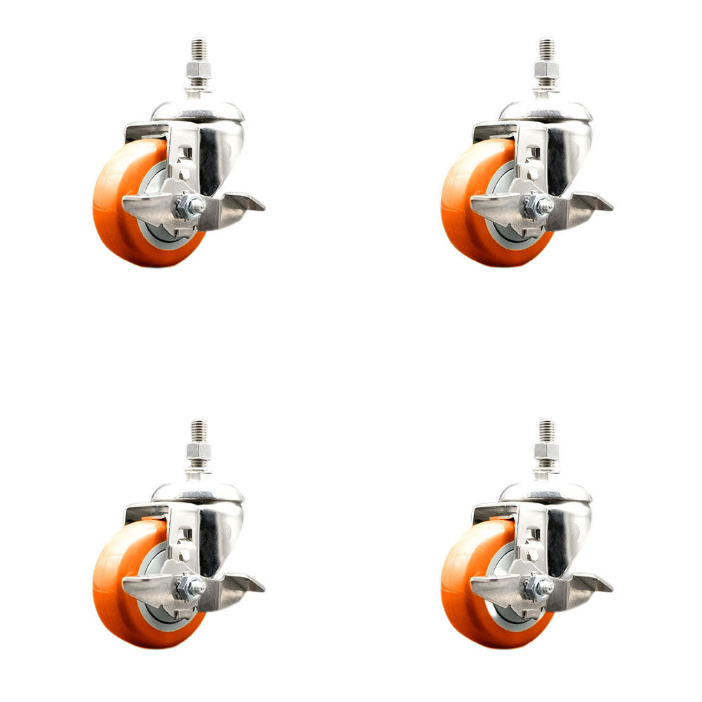 Polyurethane Swivel Stem Caster with 3.5 in. Orange Caster Wheels, 12 mm Threaded Stems - 316 Stainless Steel Casters - Set of 4