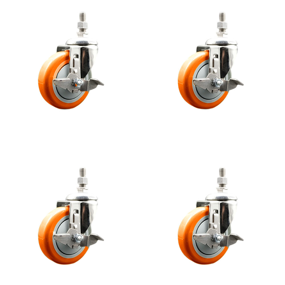 Polyurethane Swivel Stem Caster with 4 in. Orange Caster Wheels, 10 mm Threaded Stems - 316 Stainless Steel Casters - Set of 4