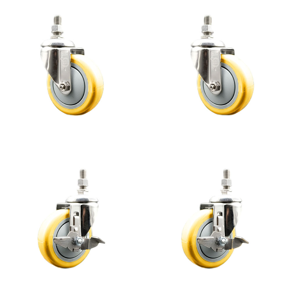 Poly Swivel Stem Caster with 4 in. Yellow Caster Wheels, 0.5 in. Threaded Stems - 316 Stainless Steel Casters - Set of 4