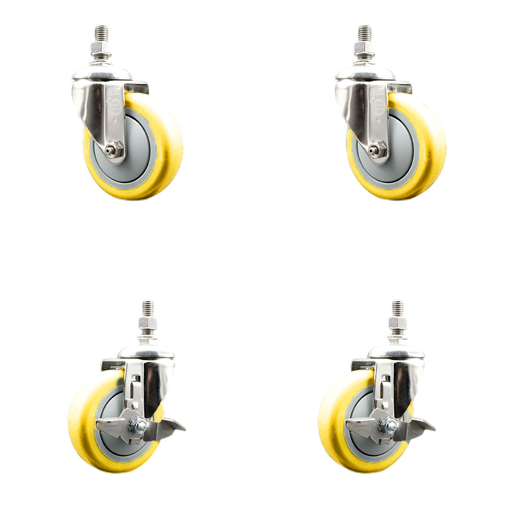 Poly Swivel Stem Caster with 4 in. Yellow Caster Wheels, 10 mm Threaded Stems - 316 Stainless Steel Casters - Set of 4