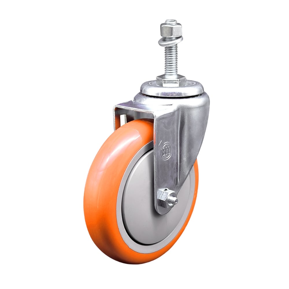 Polyurethane Swivel Stem Caster with 5 in. Orange Caster Wheels, 0.38 in. Threaded Stem - 316 Stainless Steel Caster