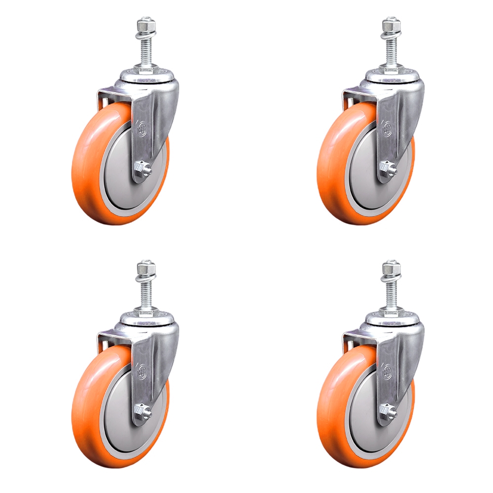 Polyurethane Swivel Stem Caster with 5 in. Orange Caster Wheels, 0.38 in. Threaded Stems - 316 Stainless Steel Casters - Set of 4