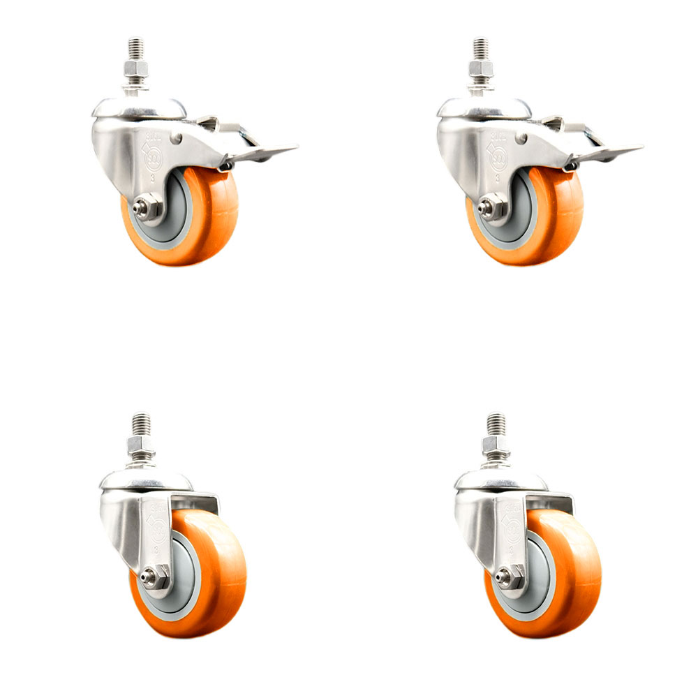 Poly Swivel Stem Caster with 3.5 in. Orange Caster Wheels, 10 mm Threaded Stems - 316 Stainless Steel Casters - Set of 4