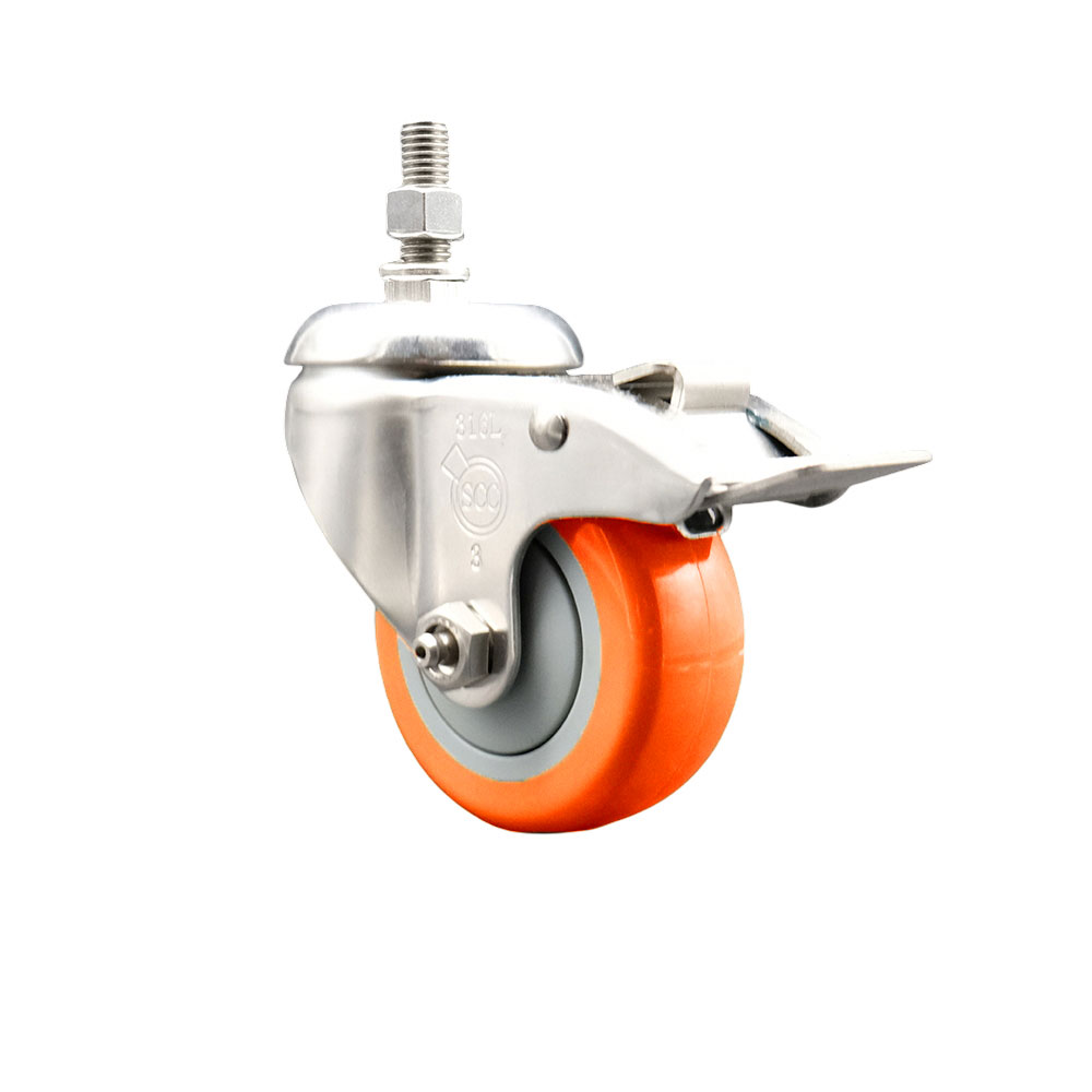 Polyurethane Swivel Stem Caster with 3.5 in. Orange Caster Wheels & Total Lock Brake, 12 mm Threaded Stem - 316 Stainless Steel Caster