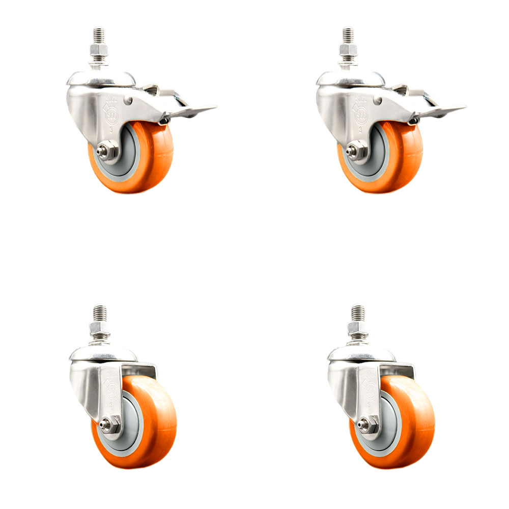 Poly Swivel Stem Caster with 3.5 in. Orange Caster Wheels, 12 mm Threaded Stems - 316 Stainless Steel Casters - Set of 4