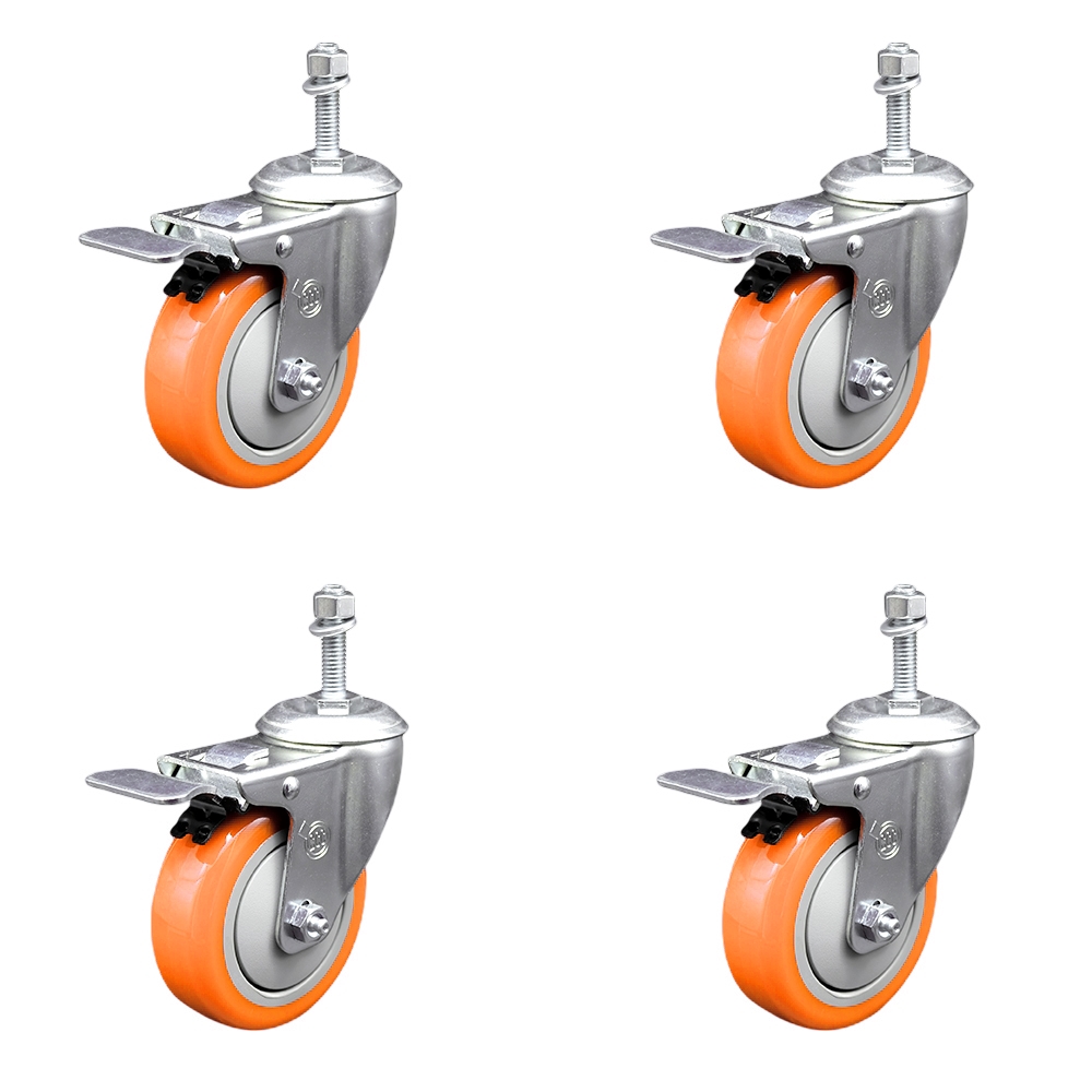 Polyurethane Swivel Stem Caster with 4 in. Orange Caster Wheels, 10 mm Threaded Stems - 316 Stainless Steel Casters - Set of 4