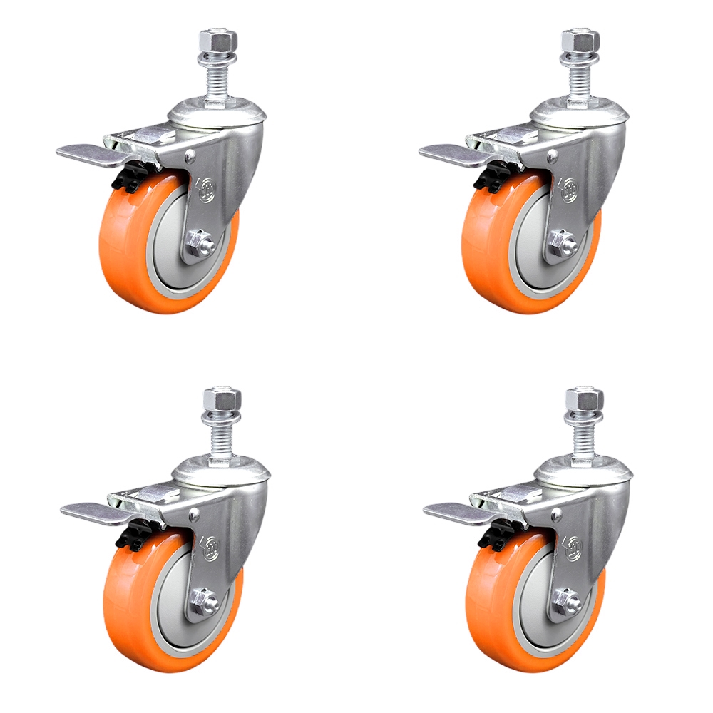 Polyurethane Swivel Stem Caster with 4 in. Orange Caster Wheels, 12 mm Threaded Stems - 316 Stainless Steel Casters - Set of 4