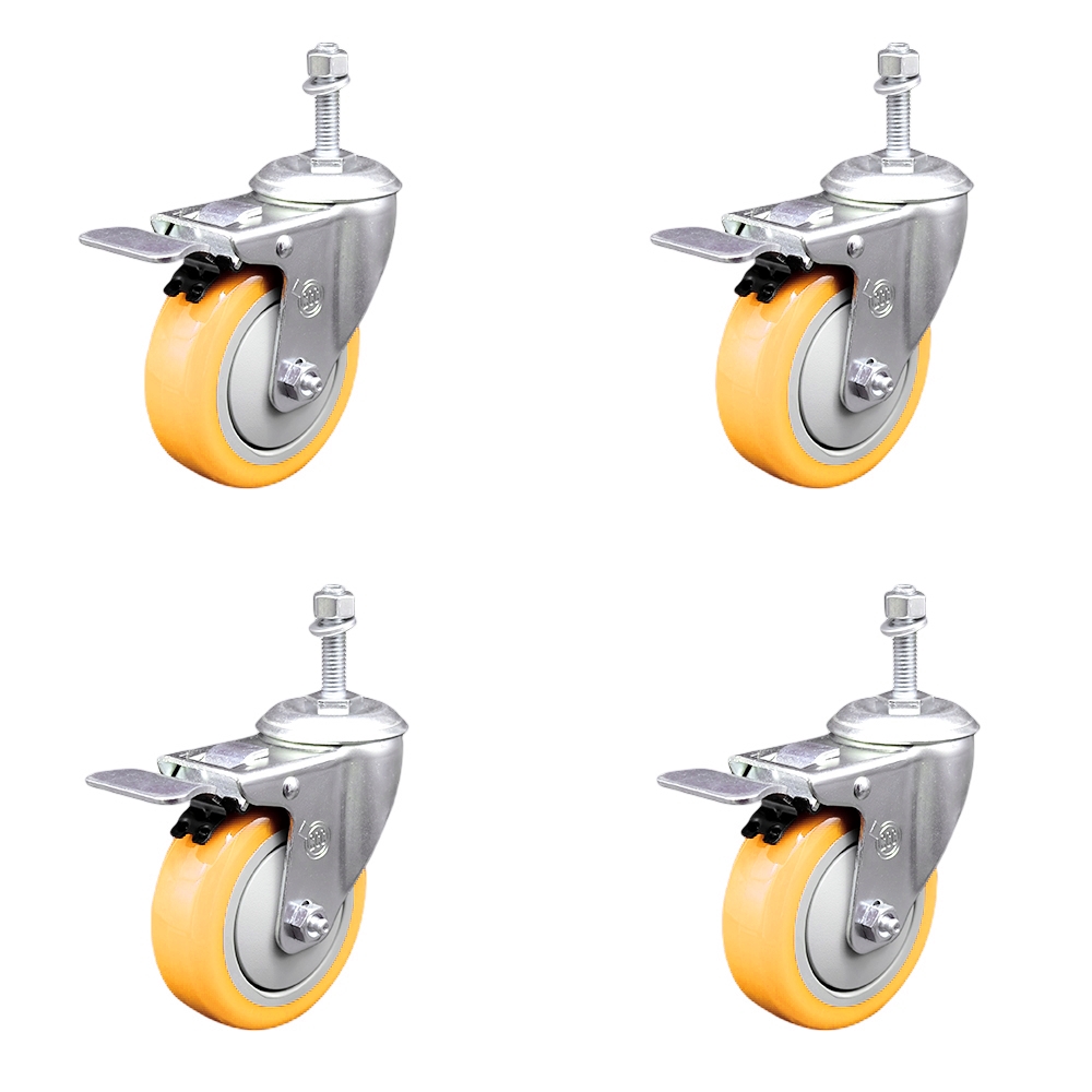 Polyurethane Swivel Stem Caster with 4 in. Yellow Caster Wheels, 10 mm Threaded Stems - 316 Stainless Steel Casters - Set of 4