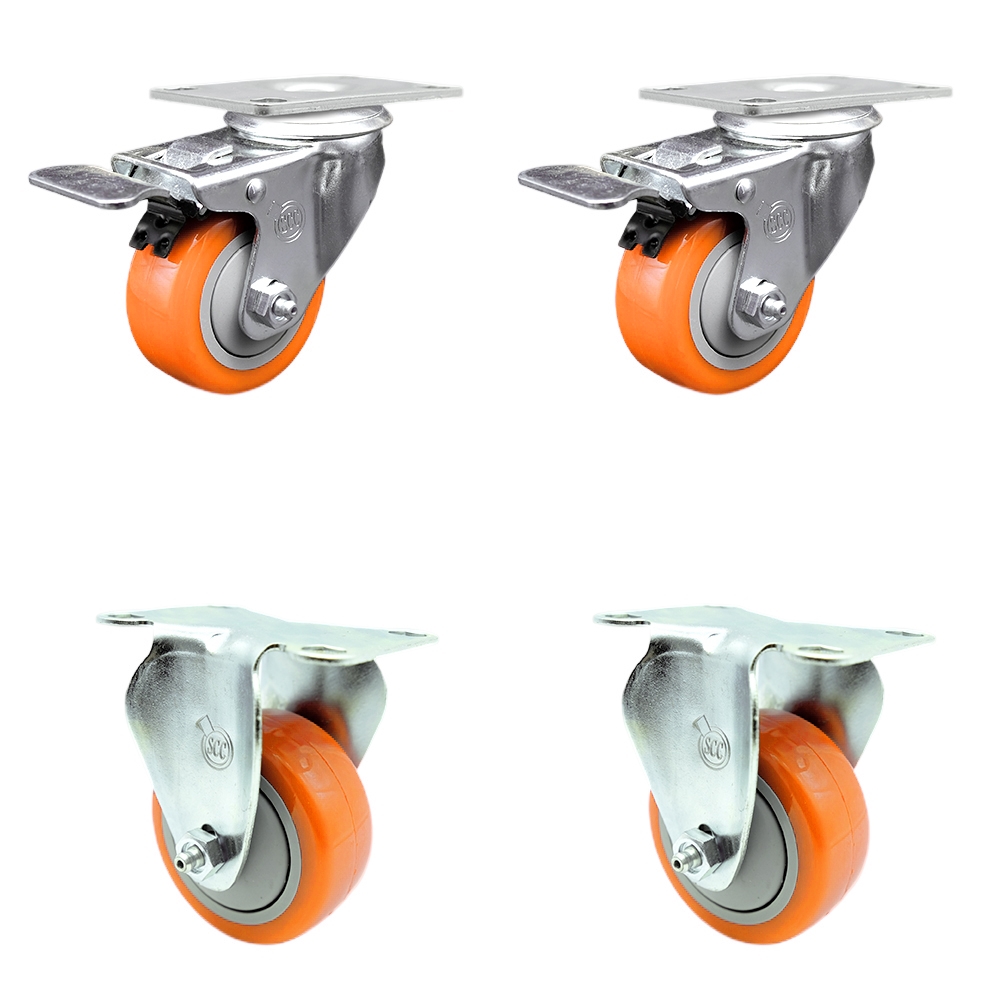 SCC-SS316TTL20S314-PPUB-ORG-2-R-2 Polyurethane Swivel Top Plate Caster with 3 in. 316 Stainless Steel Orange Wheels - Set of 4