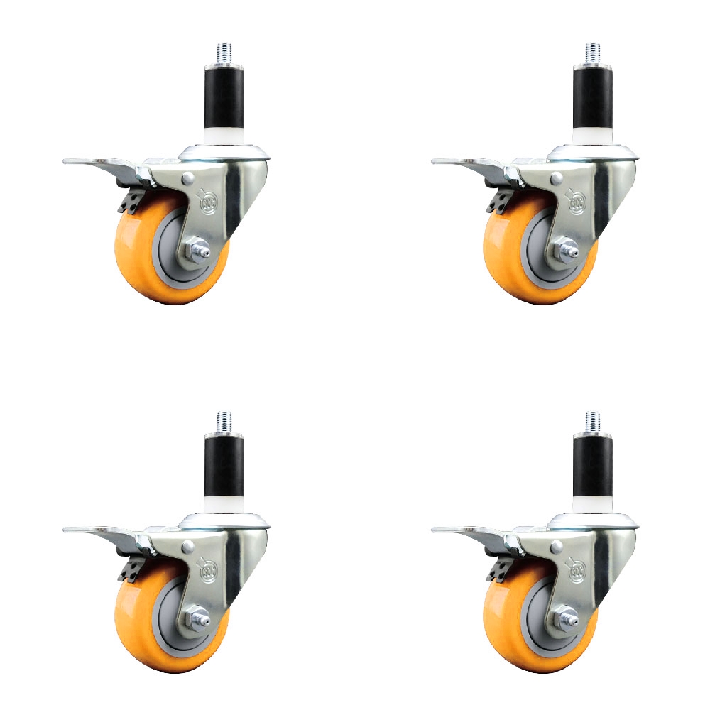 Polyurethane Swivel Stem Caster with 3 in. Yellow Caster Wheels, 1.38 in. Expanding Stems - 316 Stainless Steel Casters - Set of 4