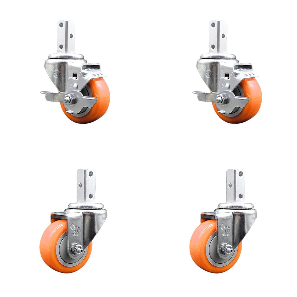 Swivel Square Stem Caster with 3 x 1.25 in. Orange Poly Wheel, 0.75 x 2 in. Square Stem with 3 0.26 in. Diameter Mounting Holes - Set of 4