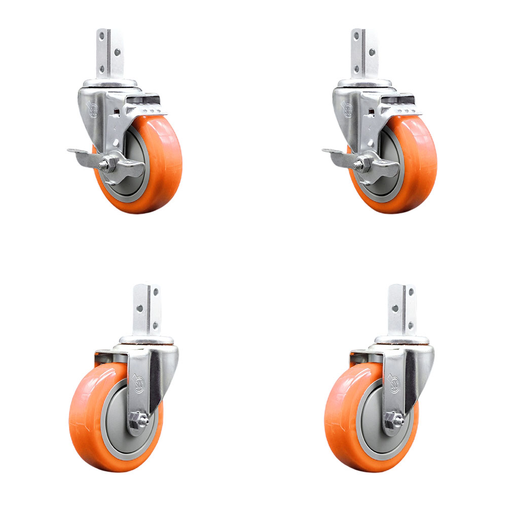 Swivel Square Stem Caster with 4 x 1.25 in. Orange Poly Wheel, 0.75 x 2 in. Square Stem with 3 0.26 in. Diameter Mounting Holes - Set of 4