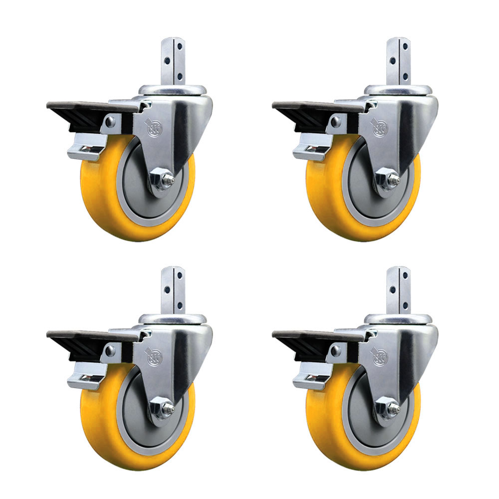 Swivel Square Stem Caster with 4 x 1.25 in. Yellow Poly Wheel, 0.75 x 2 in. Square Stem with 3 0.26 in. Diameter Mounting Holes - Set of 4