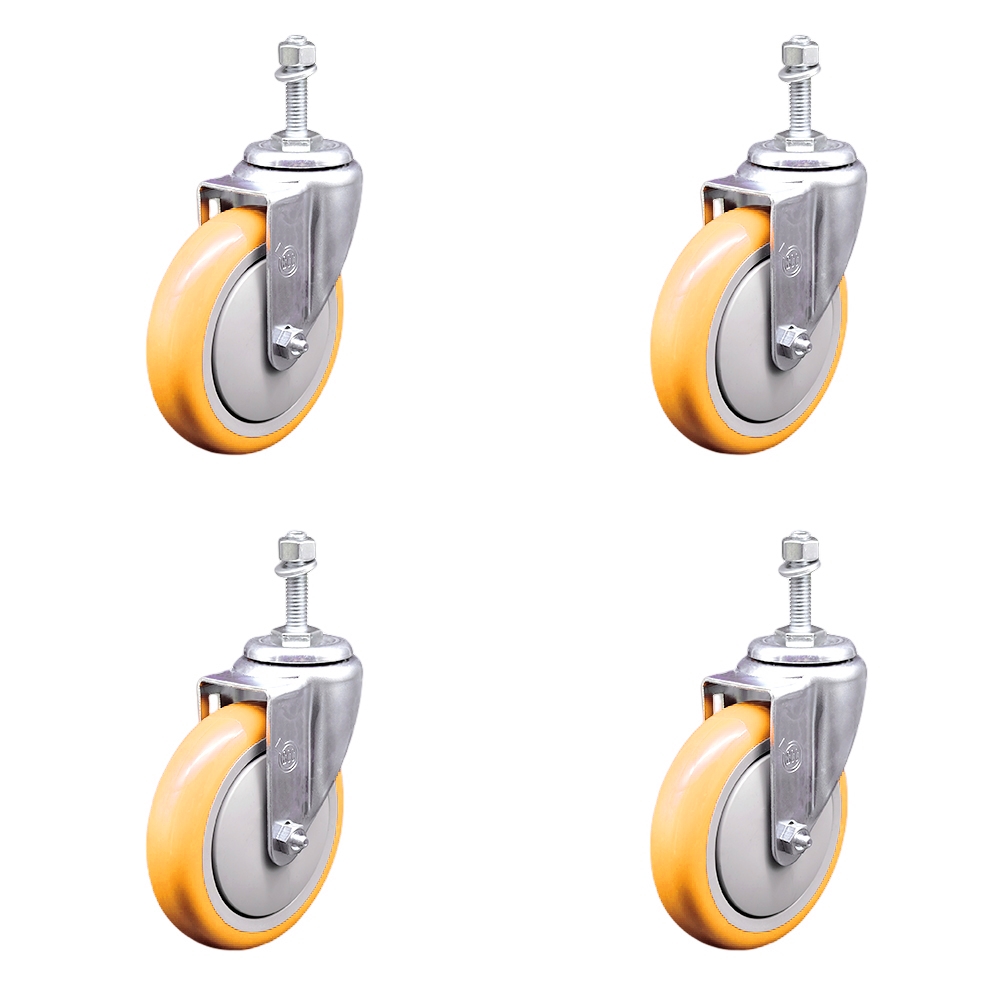 SCC-TS20S514-PPUB-YEL-M1015-4 Polyurethane Swivel Threaded Stem Caster with 5 x 1.25 in. Yellow Wheels & 10 mm Stems - Set of 4