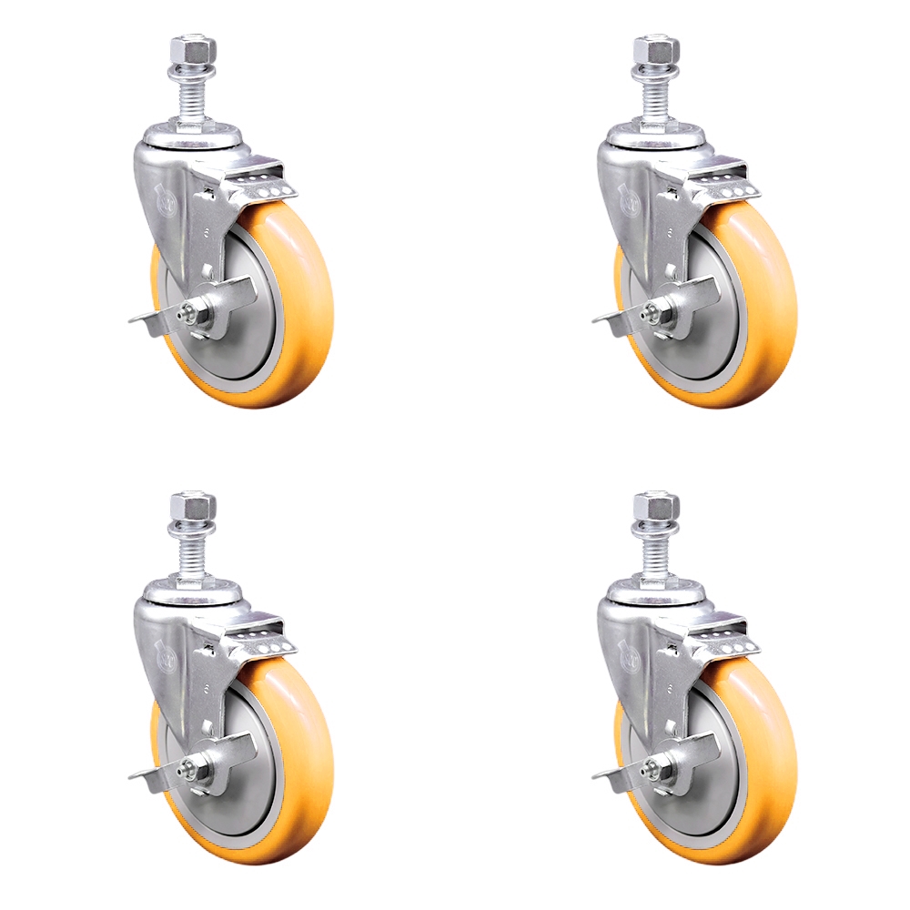 SCC-TS20S514-PPUB-YEL-TLB-M1215-4 Polyurethane Swivel Threaded Stem Caster with 5 x 1.25 in. Yellow Wheels & 12 mm Stems - Set of 4
