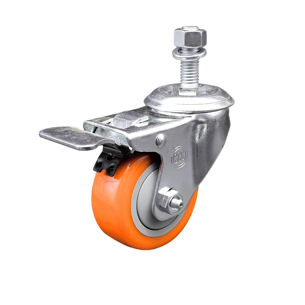 SCC-TSTTL20S314-PPUB-ORG-M1215 Polyurethane Swivel Threaded Stem Caster with 3 x 1.25 in. Orange Wheel & 12 mm Stem & Total Locking Brake