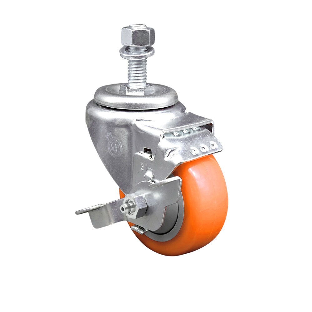Stainless Steel Polyurethane Swivel Threaded Stem Caster with 3 x 1.25 in. Orange Wheel & 12 mm Stem & Top Locking Brake