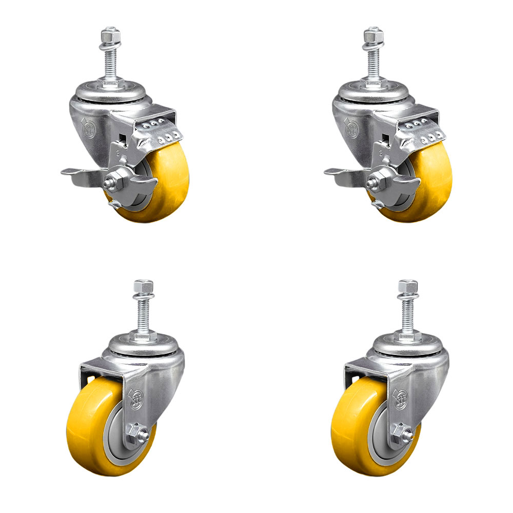 Stainless Steel Polyurethane Swivel Threaded Stem Caster with 3 x 1.25 in. Yellow Wheels & 10 mm Stems - Set of 4