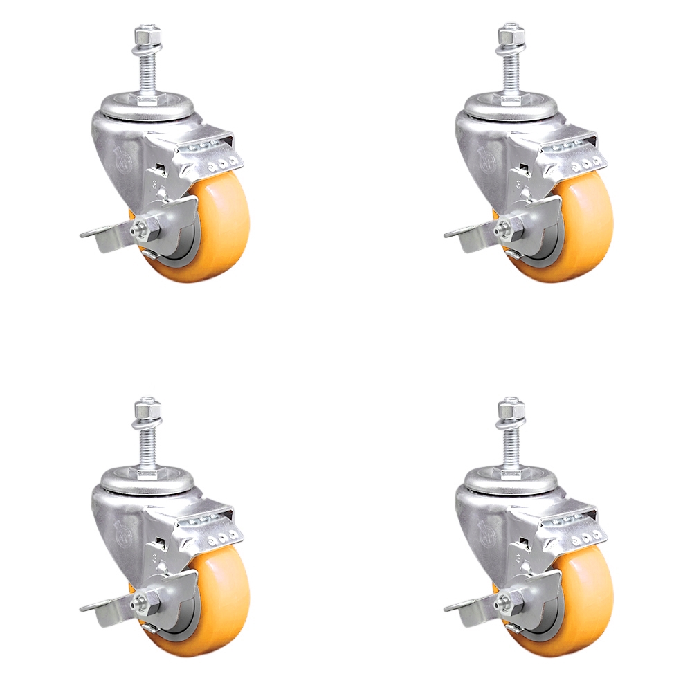 Stainless Steel Polyurethane Swivel Threaded Stem Caster with 3.5 x 1.25 in. Yellow Wheels & 0.38 in. Stems - Set of 4