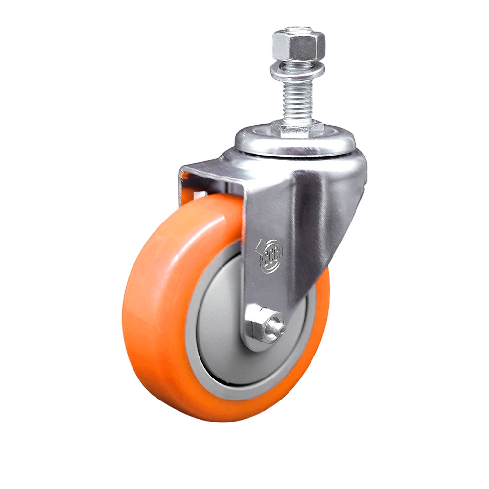SCC-SSTS20S414-PPUB-ORG-M1215 Stainless Steel Polyurethane Swivel Threaded Stem Caster with 4 x 1.25 in. Orange Wheel & 12 mm Stem