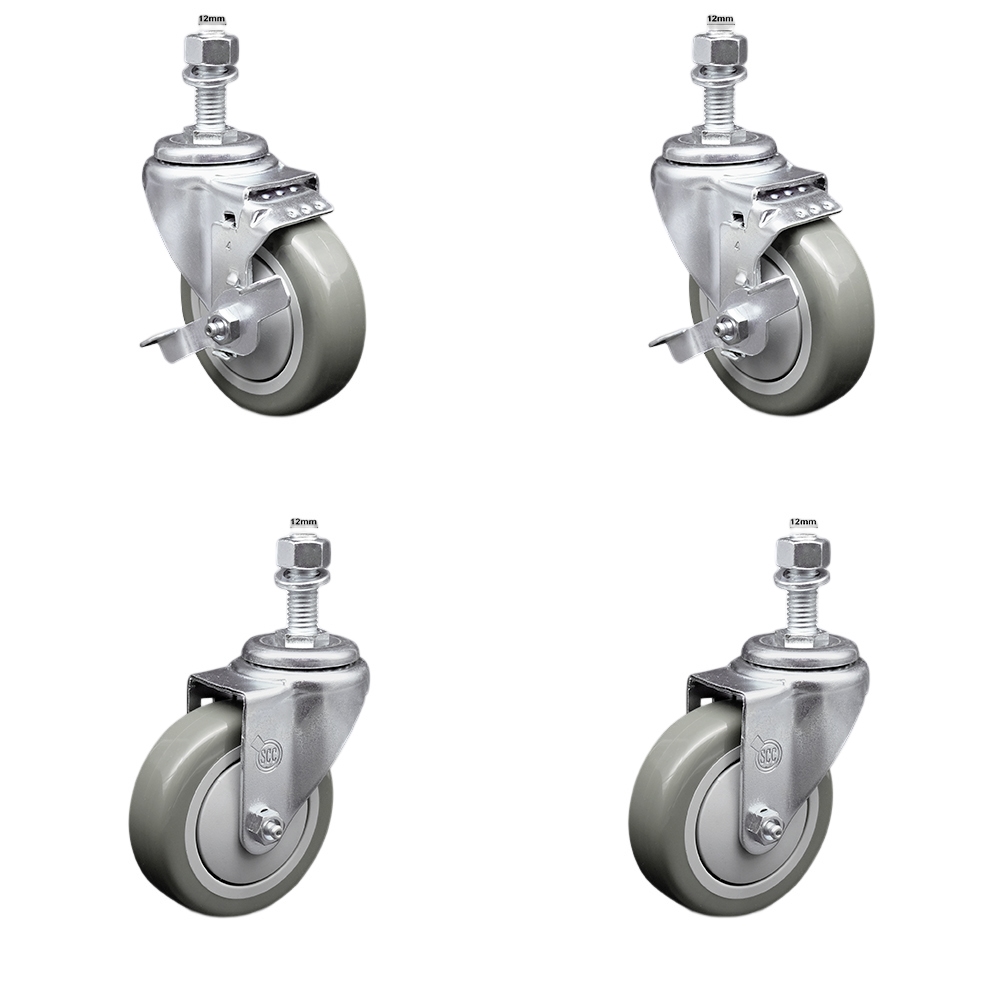 Stainless Steel Polyurethane Swivel Threaded Stem Caster with 4 x 1.25 in. Orange Wheels & 12 mm Stems - Set of 4