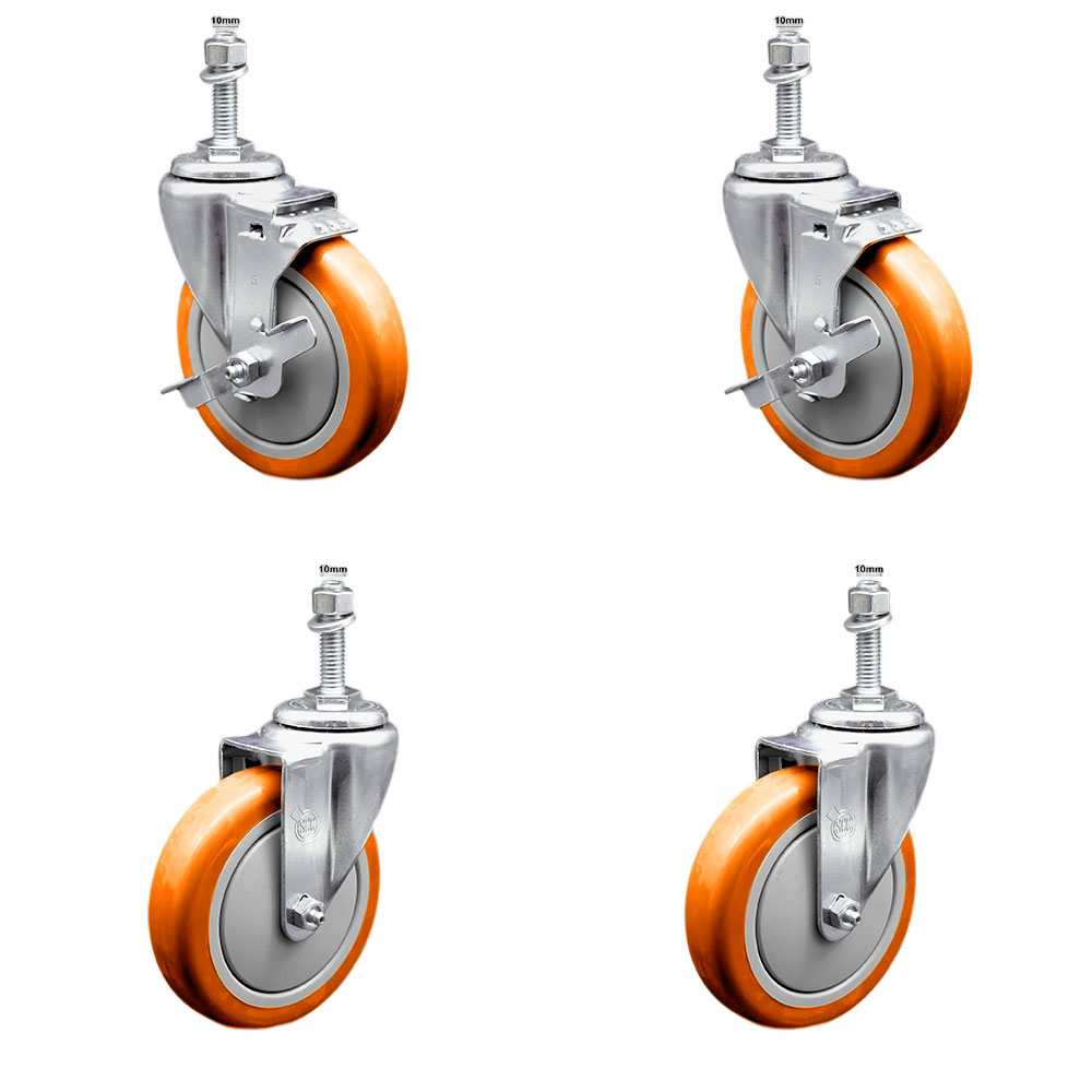Stainless Steel Polyurethane Swivel Threaded Stem Caster with 5 x 1.25 in. Orange Wheels & 10 mm Stems - Set of 4