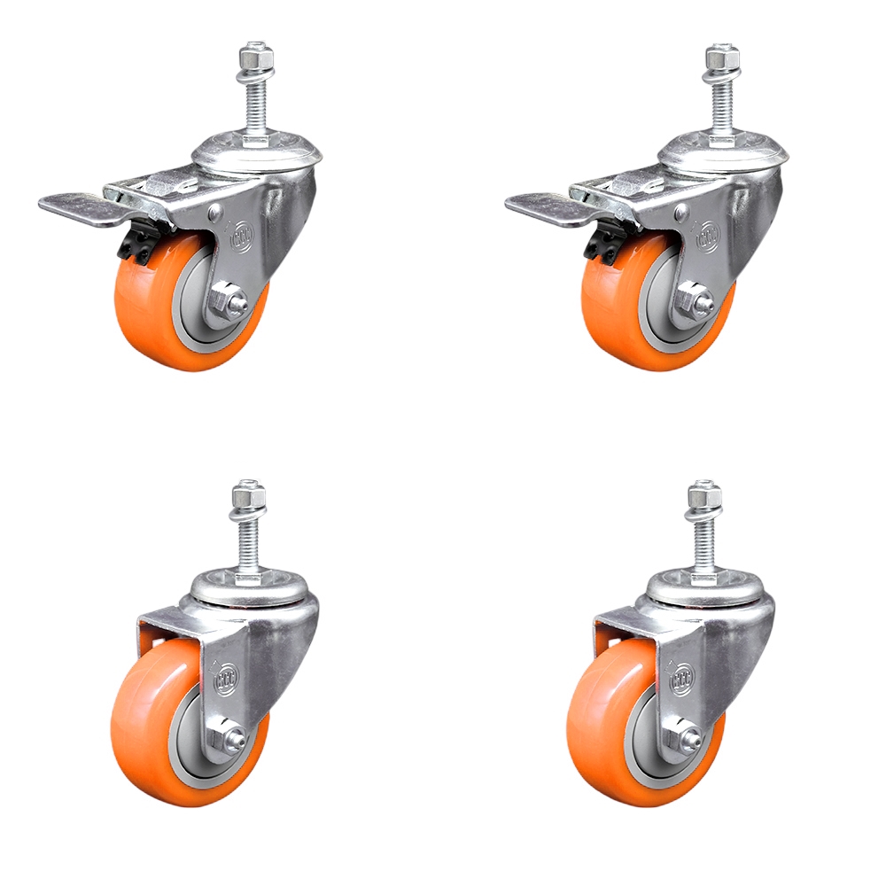 Stainless Steel Polyurethane Swivel Threaded Stem Caster with 3.5 x 1.25 in. Orange Wheels & 10 mm Stems - Set of 4