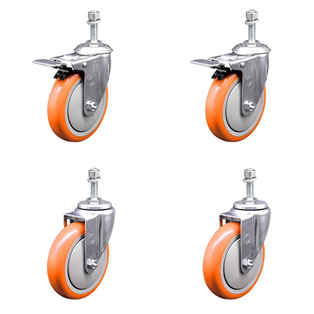 Stainless Steel Polyurethane Swivel Threaded Stem Caster with 5 x 1.25 in. Orange Wheels & 10 mm Stems - Set of 4