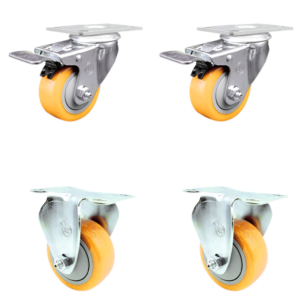 Stainless Steel Polyurethane Top Plate Caster with 3 x 1.25 in. Yellow Wheels, 2 Swivel Casters with Total Locking Brake & 2 Rigid - Set of 4