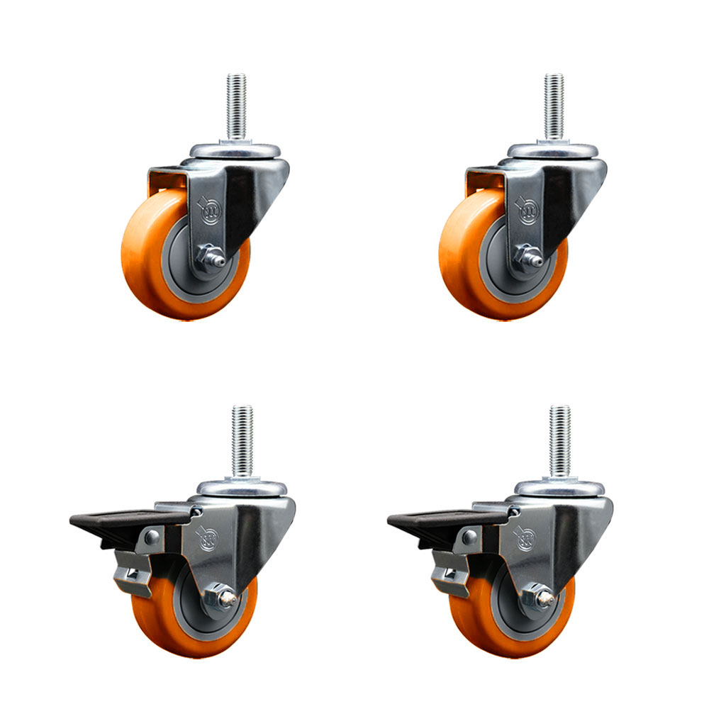 SCC-TS20S314-PPUB-ORG-58212-2-PLB-2 Polyurethane Swivel Threaded Stem Caster with 3 x 1.25 in. Orange Wheels & 0.63 in. Stems - Set of 4