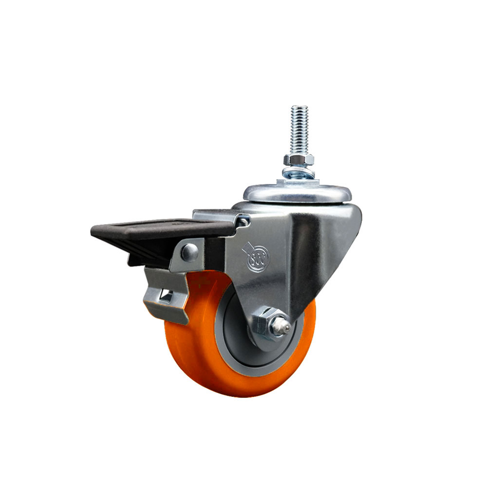 SCC-TS20S314-PPUB-ORG-PLB-M1215 Polyurethane Swivel Threaded Stem Caster with 3 x 1.25 in. Orange Wheel & 12 mm Stem & Posi Locking Brake