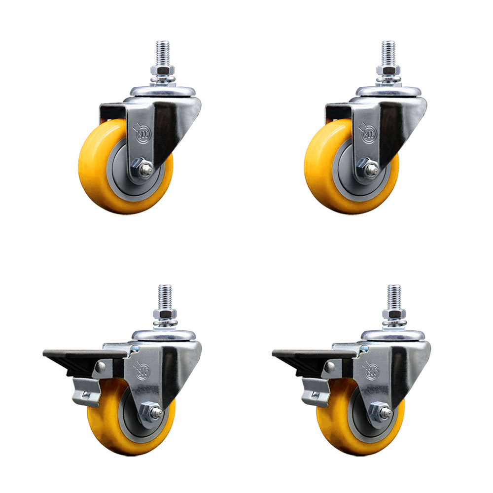 SCC-TS20S314-PPUB-YEL-M1015-2-PLB-2 Polyurethane Swivel Threaded Stem Caster with 3 x 1.25 in. Yellow Wheels & 10 mm Stems - Set of 4