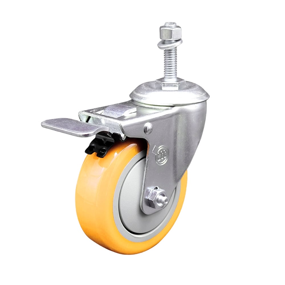 Polyurethane Swivel Stem Caster with 4 in. Yellow Caster Wheels & Total Lock Brake, 10 mm Threaded Stem - 316 Stainless Steel Caster