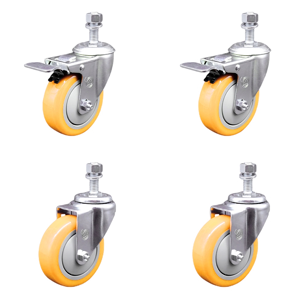 Poly Swivel Stem Caster with 4 in. Yellow Caster Wheels, 12 mm Threaded Stems - 316 Stainless Steel Caster - Set of 4