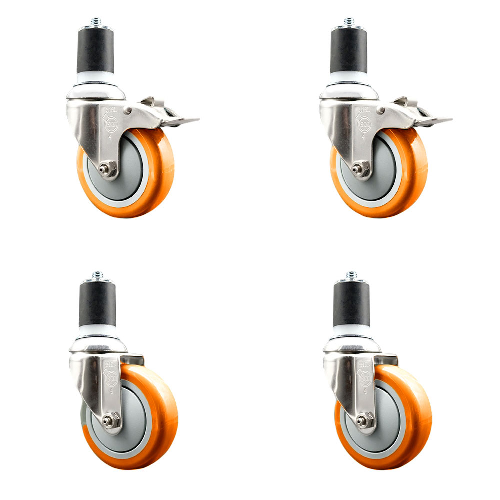Polyurethane Swivel Stem Caster with 4 in. Orange Caster Wheels, 1.75 in. Expanding Stem - 316 Stainless Steel Casters - Set of 4