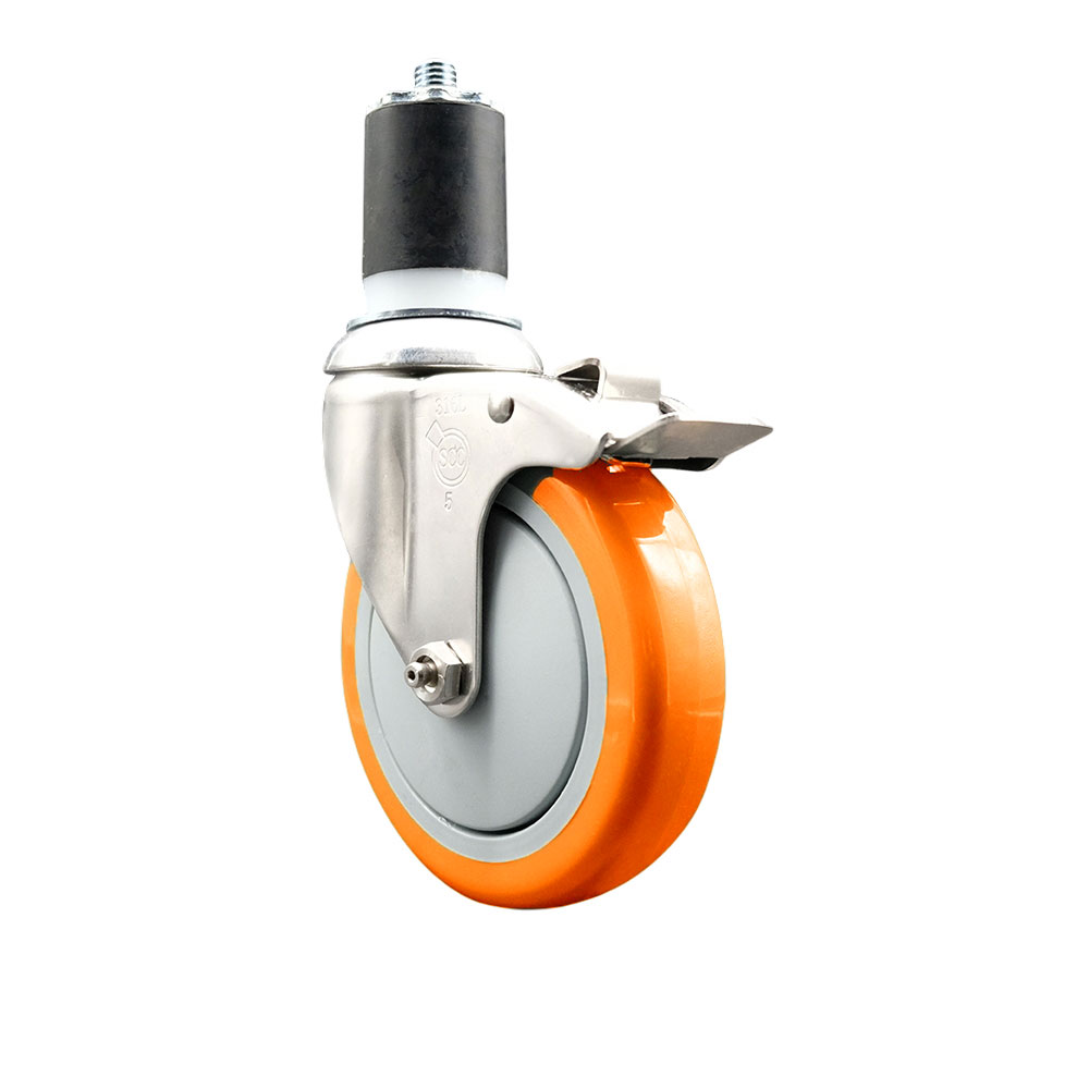 Polyurethane Swivel Stem Caster with 5 in. Orange Caster Wheels & Total Lock Brake, 1.87 in. Expanding Stem - 316 Stainless Steel Caster