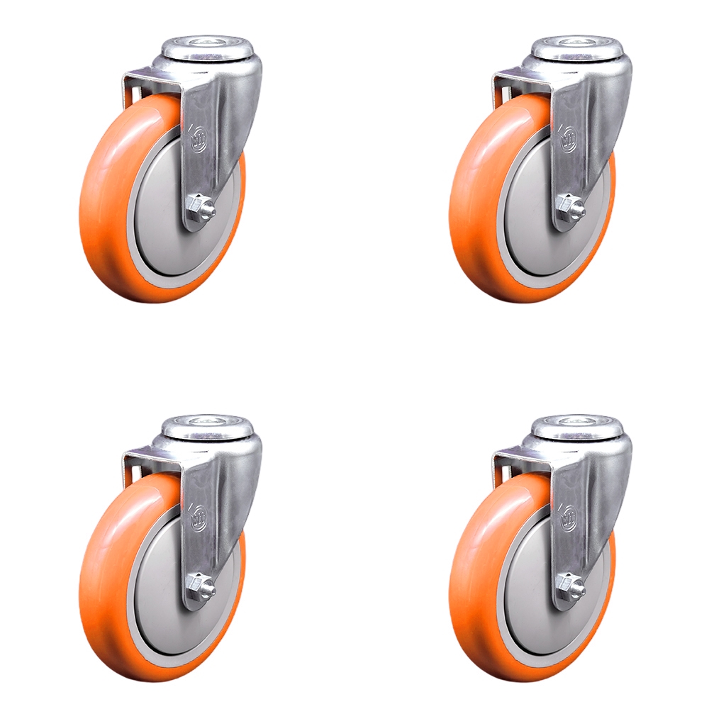 SCC-SSBH20S514-PPUB-ORG-4 Stainless Steel Polyurethane Swivel Bolt Hole Caster with 5 x 1.25 in. Orange Wheels - Set of 4