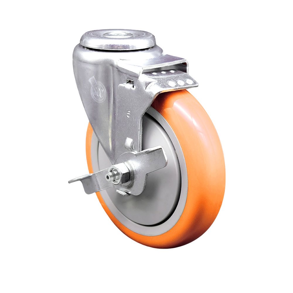 SCC-SSBH20S514-PPUB-ORG-TLB Stainless Steel Polyurethane Swivel Bolt Hole Caster with 5 x 1.25 in. Orange Wheel & Top Locking Brake