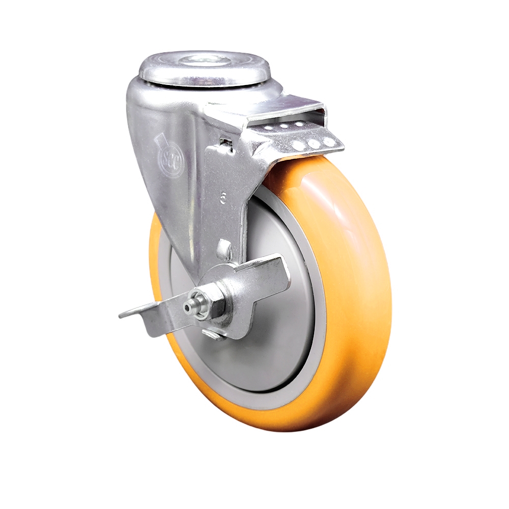 SCC-SSBH20S514-PPUB-YEL-TLB Stainless Steel Polyurethane Swivel Bolt Hole Caster with 5 x 1.25 in. Yellow Wheel & Top Locking Brake