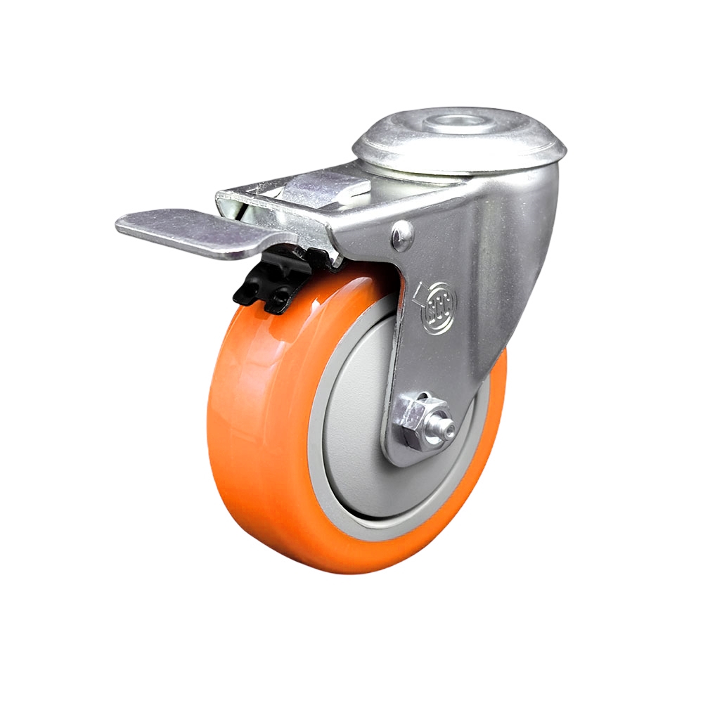 SCC-SSBHTTL20S414-PPUB-ORG Stainless Steel Polyurethane Swivel Bolt Hole Caster with 4 x 1.25 in. Orange Wheel & Total Locking Brake