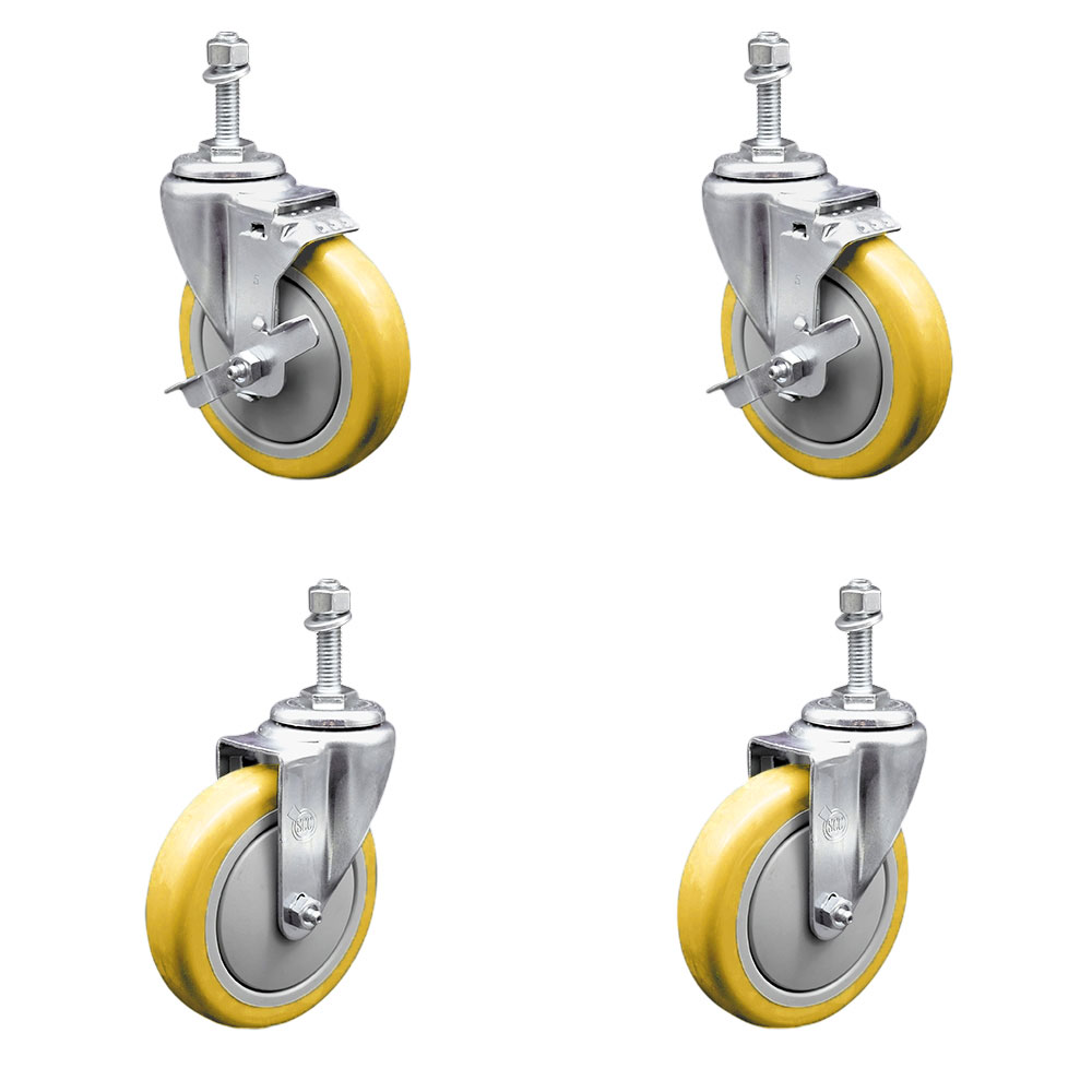 Stainless Steel Polyurethane Swivel Threaded Stem Caster with 5 x 1.25 in. Yellow Wheels & 0.38 in. Stems - Set of 4