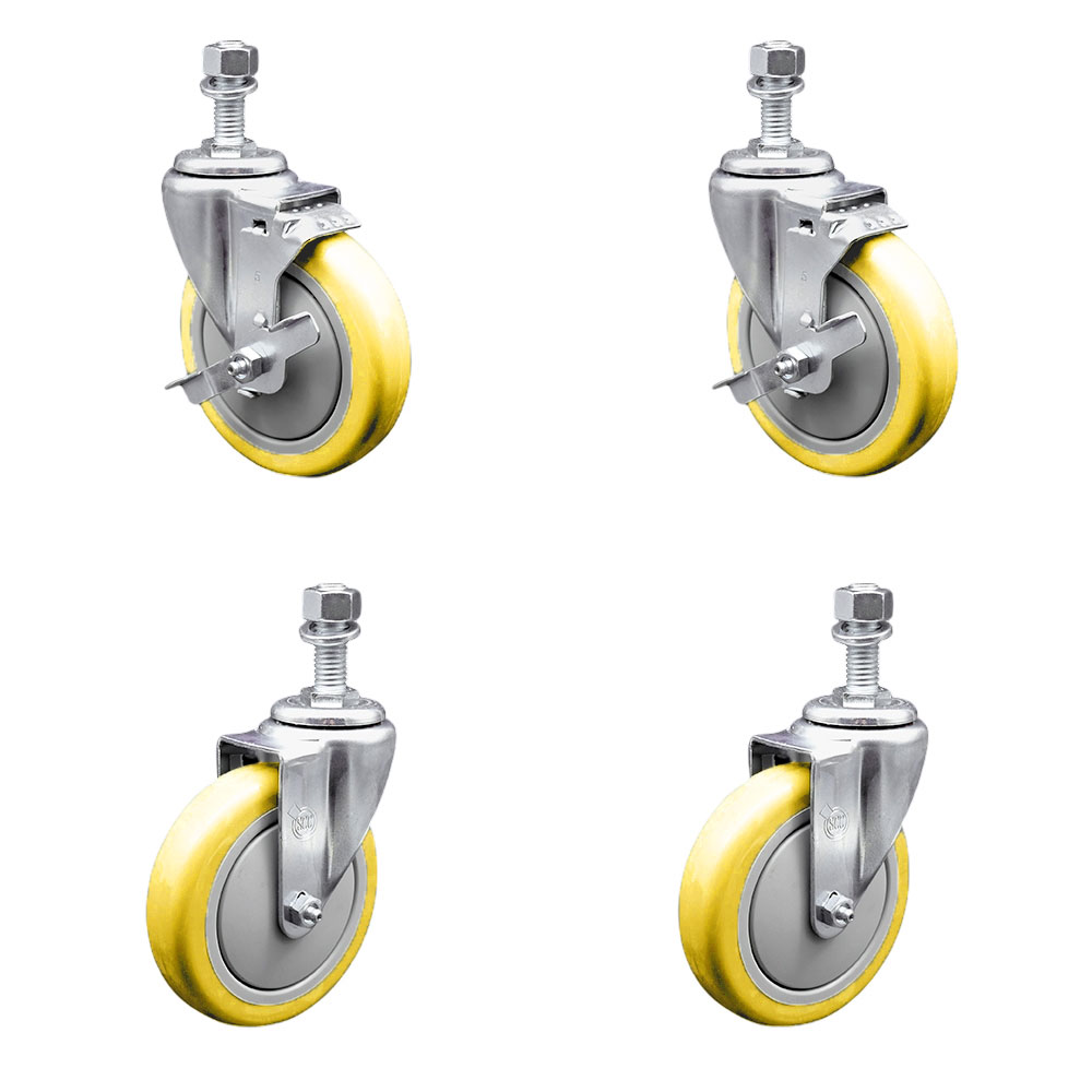 Stainless Steel Polyurethane Swivel Threaded Stem Caster with 5 x 1.25 in. Yellow Wheels & 12 mm Stems - Set of 4