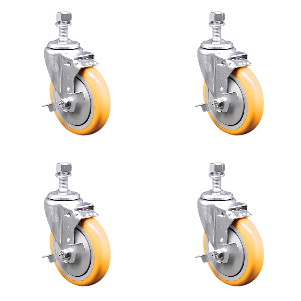 SCC-SSTS20S514-PPUB-YEL-TLB-M1215-4 Stainless Steel Polyurethane Swivel Threaded Stem Caster with 5 x 1.25 in. Yellow Wheels & 12 mm Stems - Set of 4