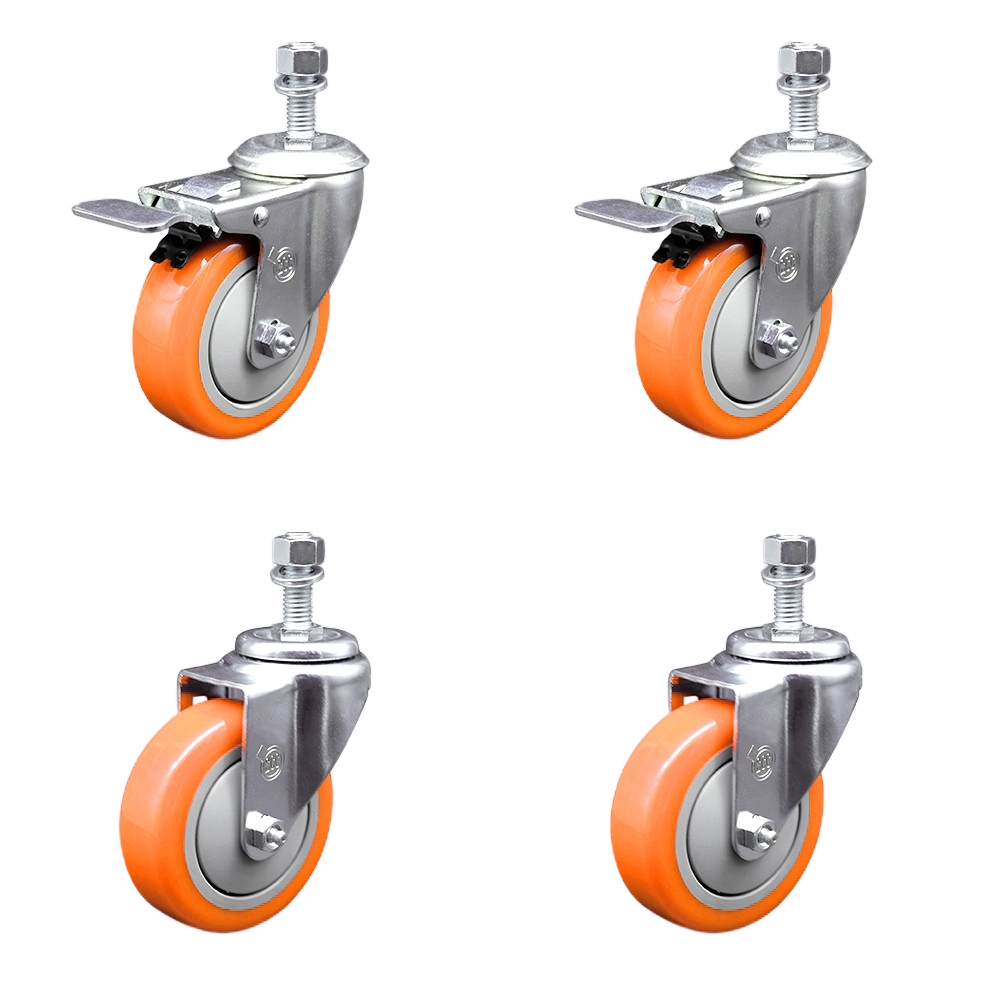 Stainless Steel Polyurethane Swivel Threaded Stem Caster with 4 x 1.25 in. Orange Wheels & 0.5 in. Stems - Set of 4