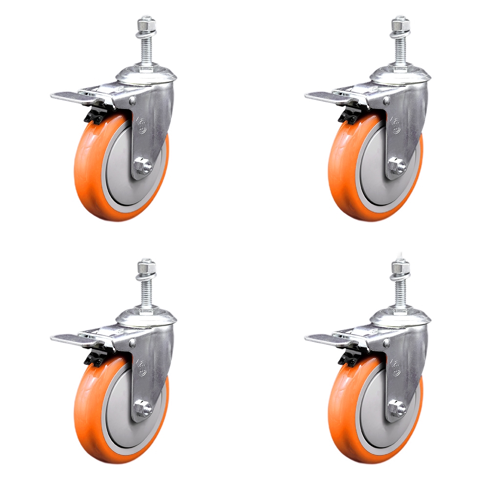 Stainless Steel Polyurethane Swivel Threaded Stem Caster with 5 x 1.25 in. Orange Wheels & 0.38 in. Stems - Set of 4