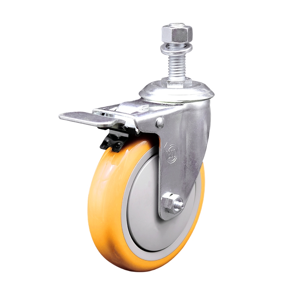 Stainless Steel Polyurethane Swivel Threaded Stem Caster with 5 x 1.25 in. Yellow Wheel & 12 mm Stem & Total Locking Brake