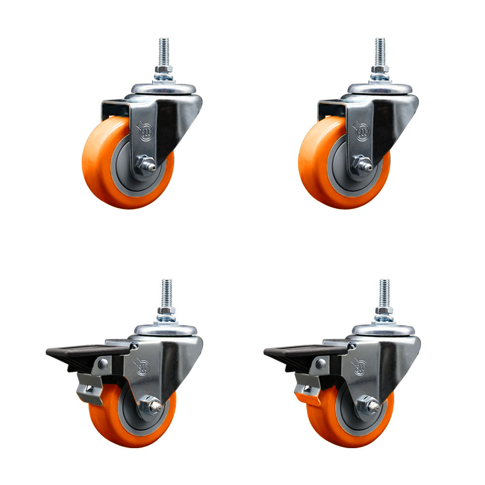 SCC-TS20S314-PPUB-ORG-M1215-2-PLB-2 Polyurethane Swivel Threaded Stem Caster with 3 x 1.25 in. Orange Wheels & 12 mm Stems - Set of 4