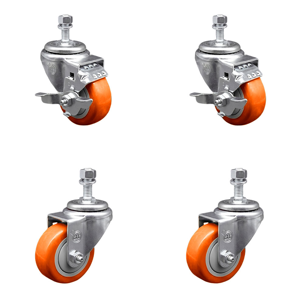 SCC-TS20S314-PPUB-ORG-TLB-M1215-2-S2 Polyurethane Swivel Threaded Stem Caster with 3 x 1.25 in. Orange Wheels & 12 mm Stems - Set of 4