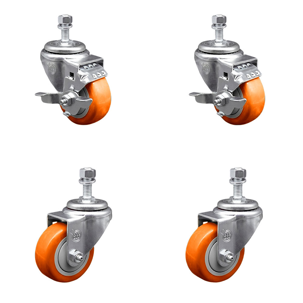 SCC-TS20S3514-PPUBORG-TLB-M1215-2-S2 Polyurethane Swivel Threaded Stem Caster with 3.5 x 1.25 in. Orange Wheels & 12 mm Stems - Set of 4