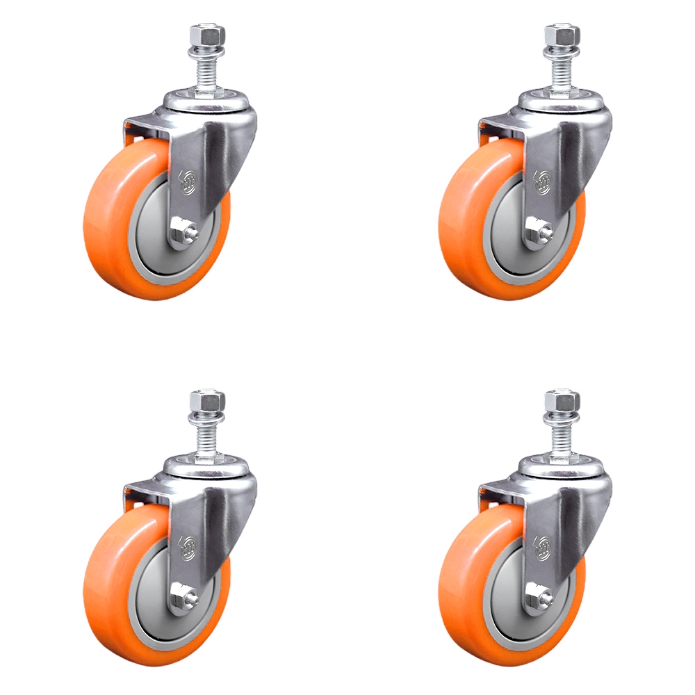 SCC-TS20S414-PPUB-ORG-121315-4 Polyurethane Swivel Threaded Stem Caster with 4 x 1.25 in. Orange Wheels & 0.5 in. Stems - Set of 4